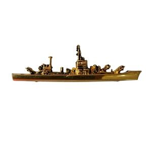 Gold Tone Military Battleship Warship Boat Pin Brooch 1.75 Inch Navy Nautical
